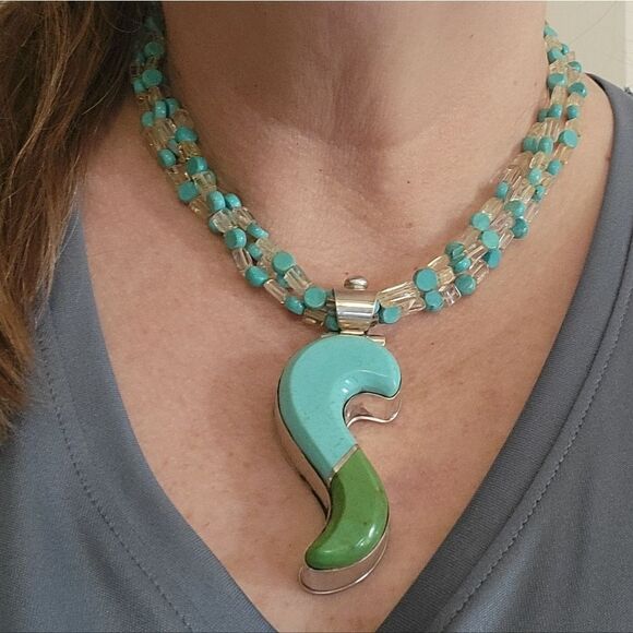 David Troutman Silver Creations Blue & Green Turquoise Pendant Necklace - Picture 2 of 10